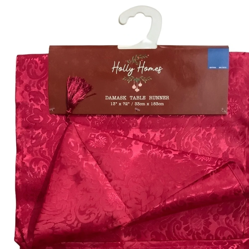 Christmas Silky Damask Table Runner Holly Homes Holiday Tassels Red 13 x 72 in